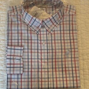 Men's Button-Down Plaid Shirt - White with Red & Blue Check
